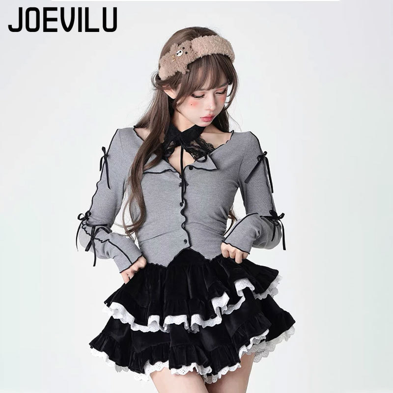 Gothic Skirt Set Bow Tie Tied Top Ballet Style Skirt 2 Piece Sets Lace Corduroy Mini Cake Layered Skirt Women Outfits Y2k Suit