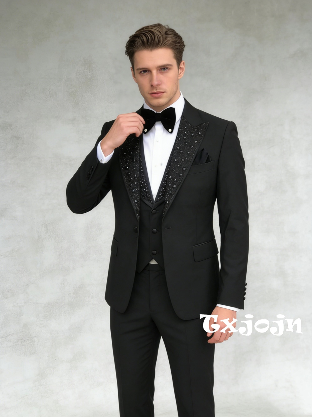 Ensemble de costume noir perlé pour homme, 3 pièces, tenue d'affaires, smoking de luxe pour homme, ensembles de mariage pour marié, costumes grande taille coupe ajustée