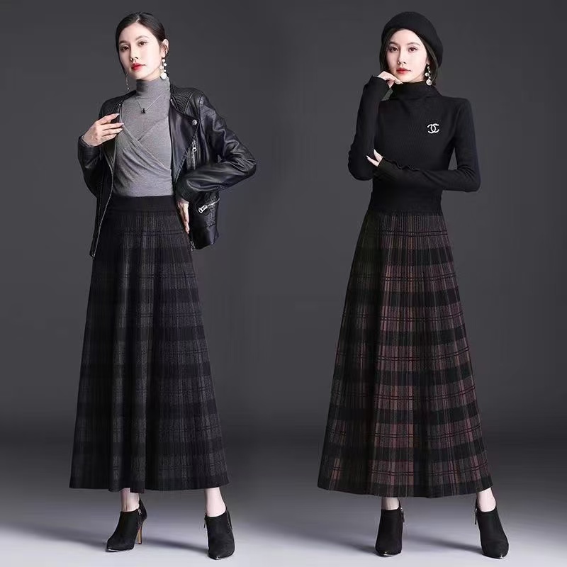 Jupe longue en tricot à carreaux pour femme, taille haute élastique, coupe A-line, épaisse, pour l'automne et l'hiver