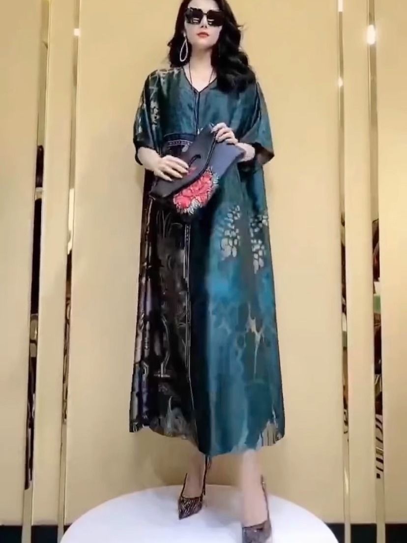 Robe d'été en soie de mûrier grande taille haut de gamme, élégante, col en V, style rétro, vert, pour femme