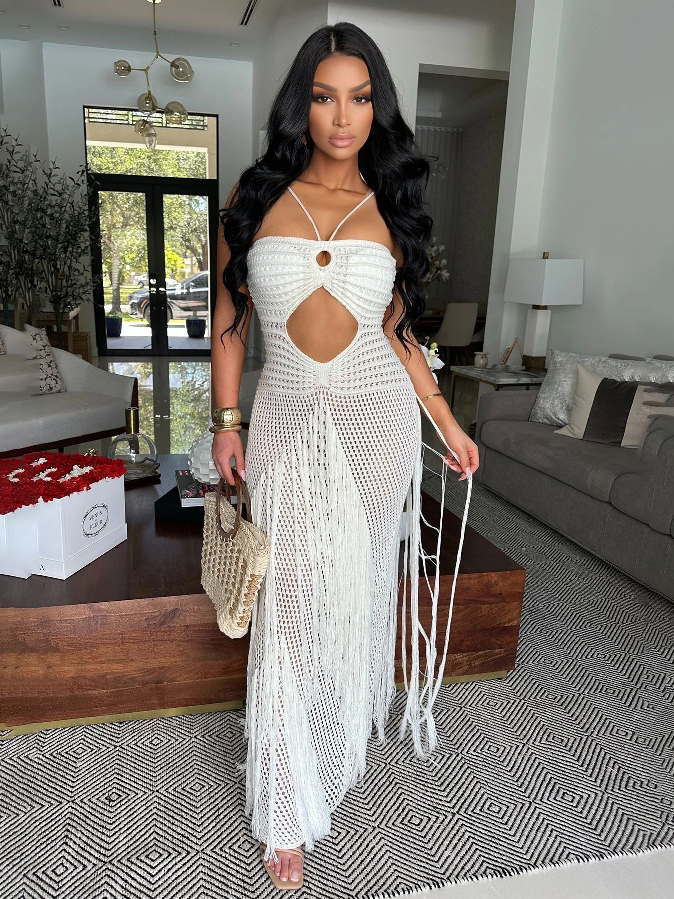 Robe de soirée élégante pour femme, style bohème, tricotée, sexy, à col halter, avec pompons, pour la plage, les clubs, les fêtes et les bals de promo