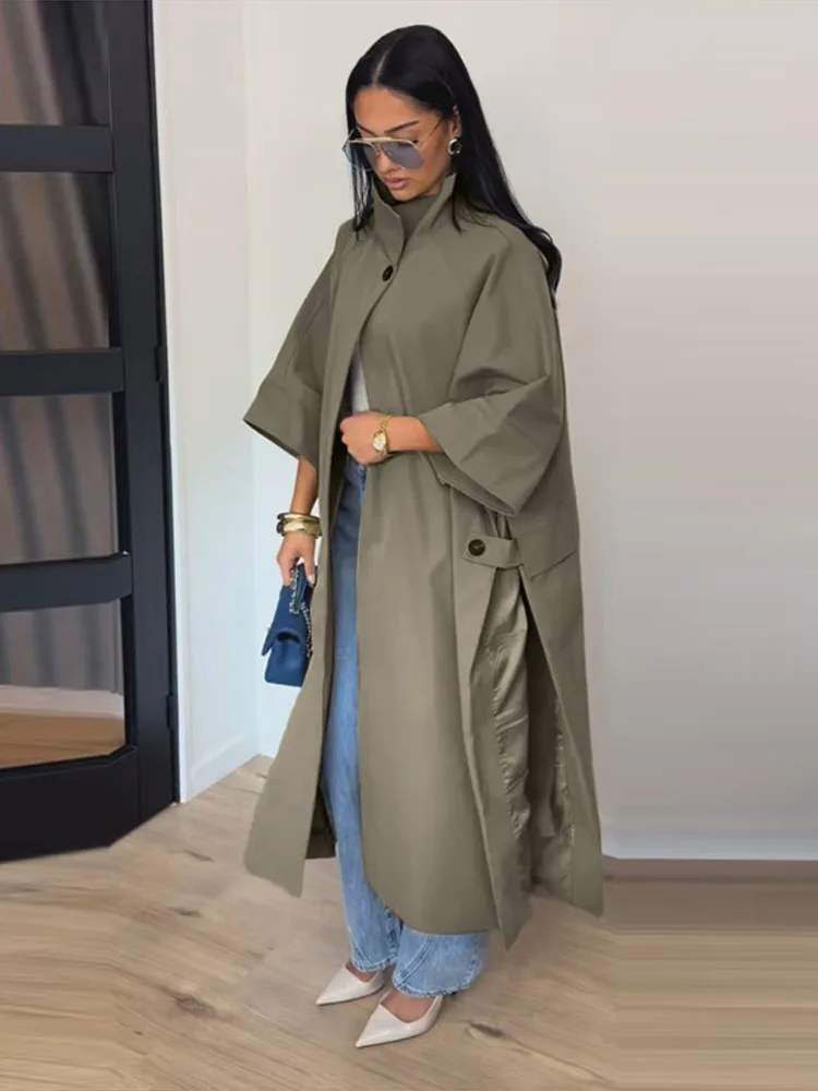 Manteau long trench-coat kaki à col montant pour femme, coupe ample, bouton unique, manches mi-longues, fente latérale, coupe-vent, 20260, vêtements d'extérieur automne pour femme