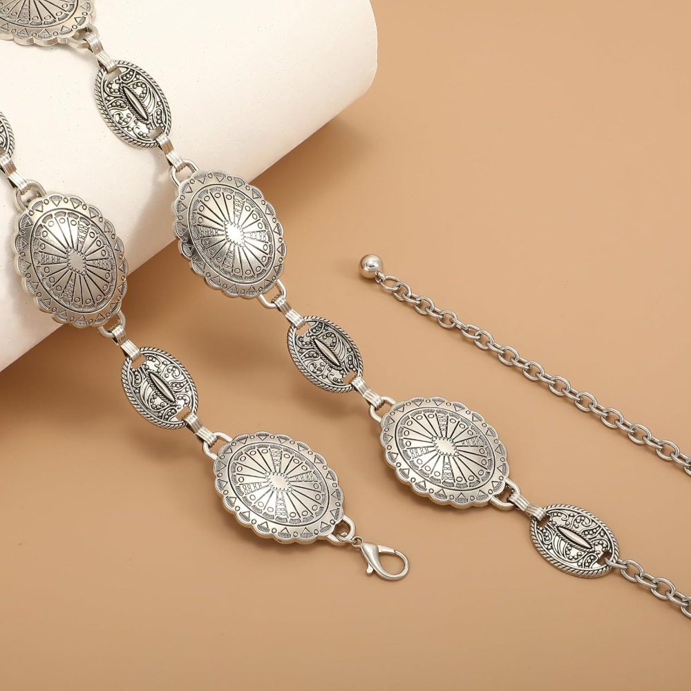 Ceintures à chaîne bohème pour femmes, pour jeans, robes, ceinture à chaîne de taille en argent western avec concho pour femmes, ceinture de cow-girl en métal réglable