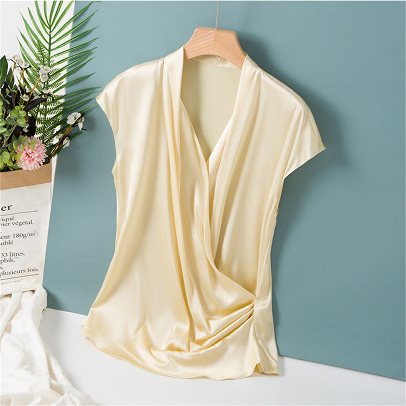 Chemisier élégant en satin pour femme, chemisier de bureau sexy à col en V, chemises décontractées unies à manches courtes, hauts de soirée pour femme, printemps et été