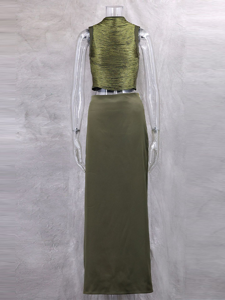 Hauts élégants à franges, jupes longues en satin, gilets sans manches à col montant pour femmes, jupes longues droites, ensembles de soirée pour femme Printemps 2026