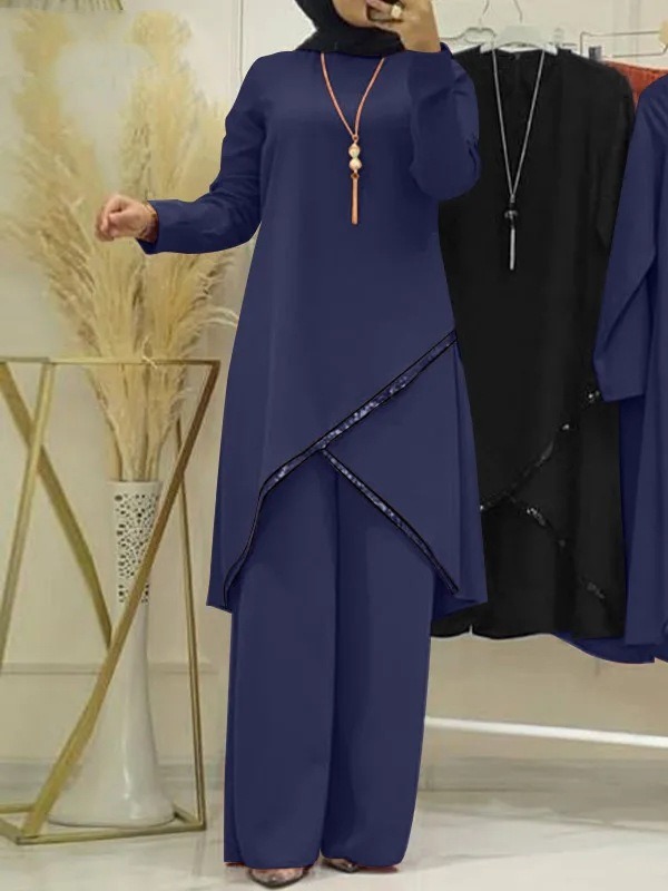 Ensemble deux pièces musulman pour femmes, chemise à manches longues, chemise à col rond, pantalon à jambes larges, décontracté, luxe, printemps et automne