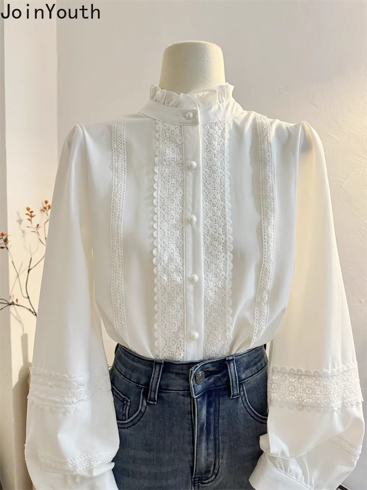 Chemisier à manches longues pour femmes, col montant, volants, blanc, mode Y, manches lanterne, chemises douces, vêtements pour femmes, 2025