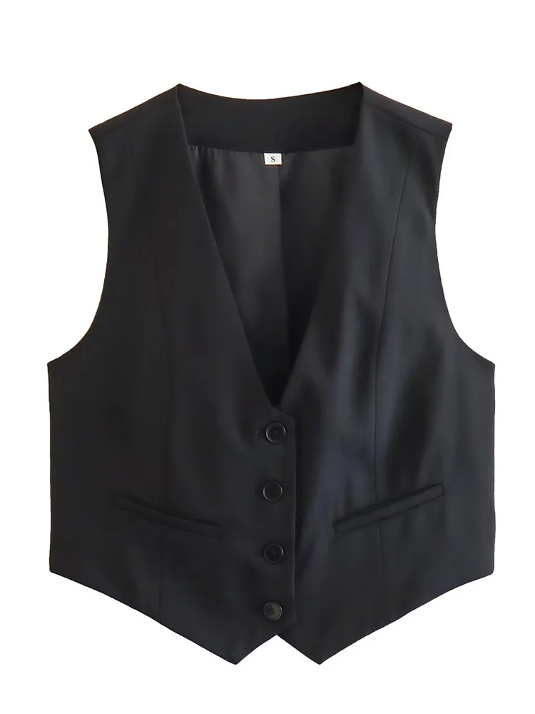 Gilet court à simple boutonnage pour femme, col en V, poche, mode décontractée, fibre recadrée, manteau Streetwear simple, été, 2024