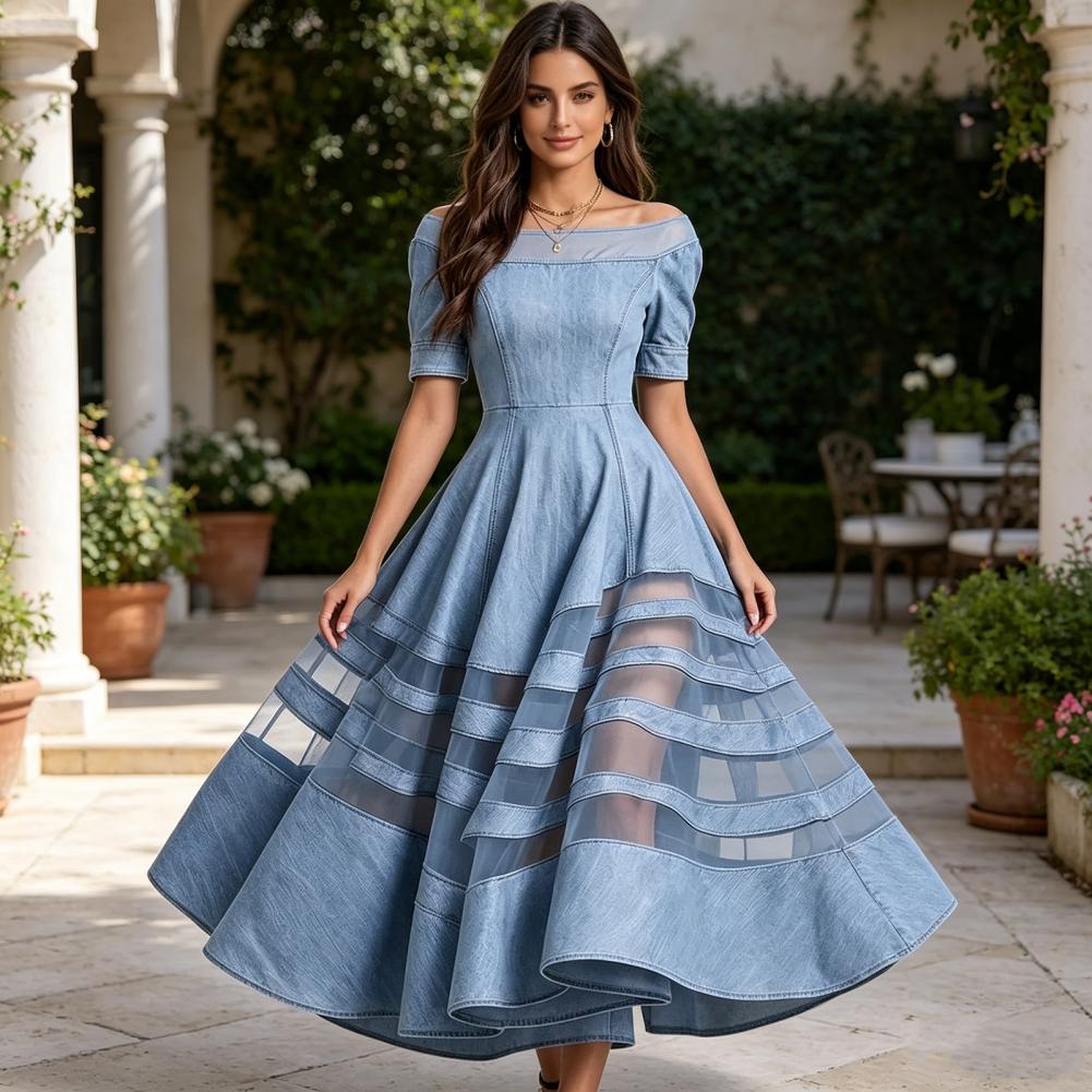 Robe en jean tendance pour femme, épaules dénudées, patchwork en maille, manches courtes, coupe trapèze évasée, longue, pour l'été, les voyages et les vacances