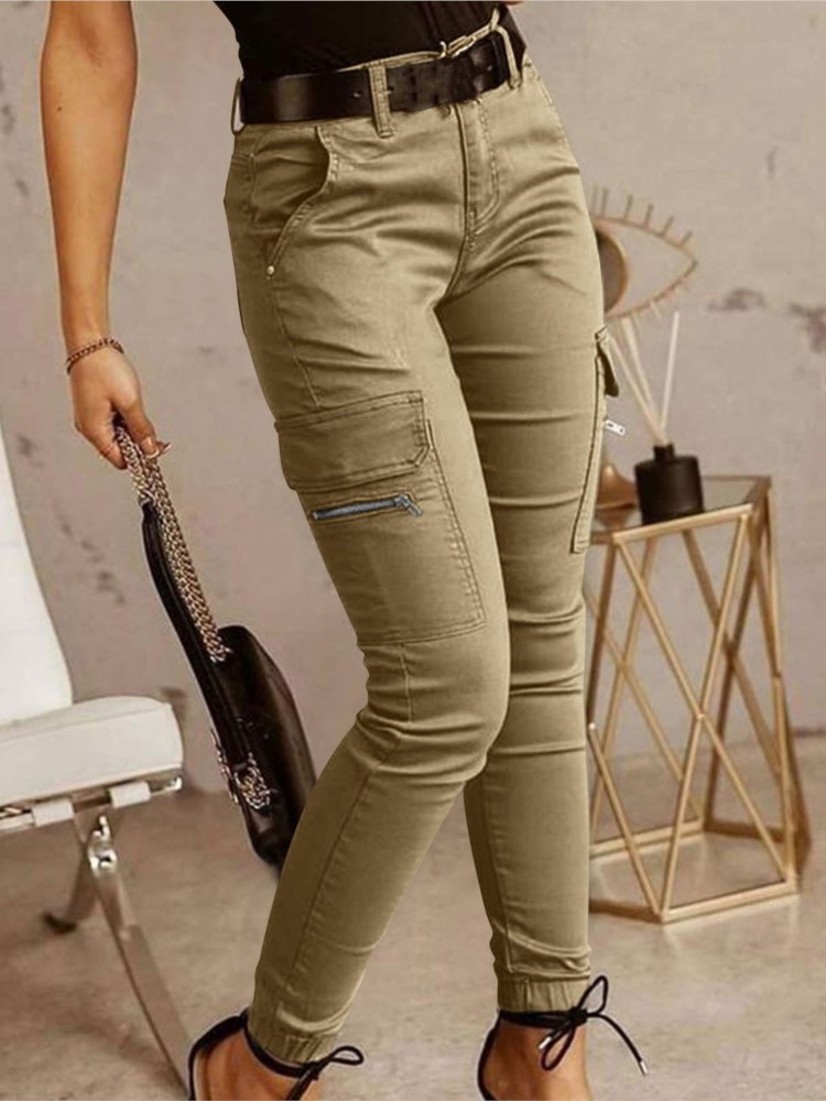 Mode femme pantalon de travail printemps automne décontracté multi-poches serré pied pantalon taille basse bouton couleur unie femmes Leggings