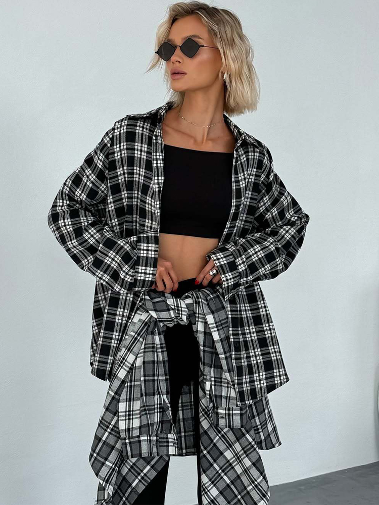 Chemise à carreaux vintage pour femmes, haut à manches longues, vêtement d'extérieur printemps-automne, chemise décontractée à simple boutonnage, chemisier ample en coton 2027