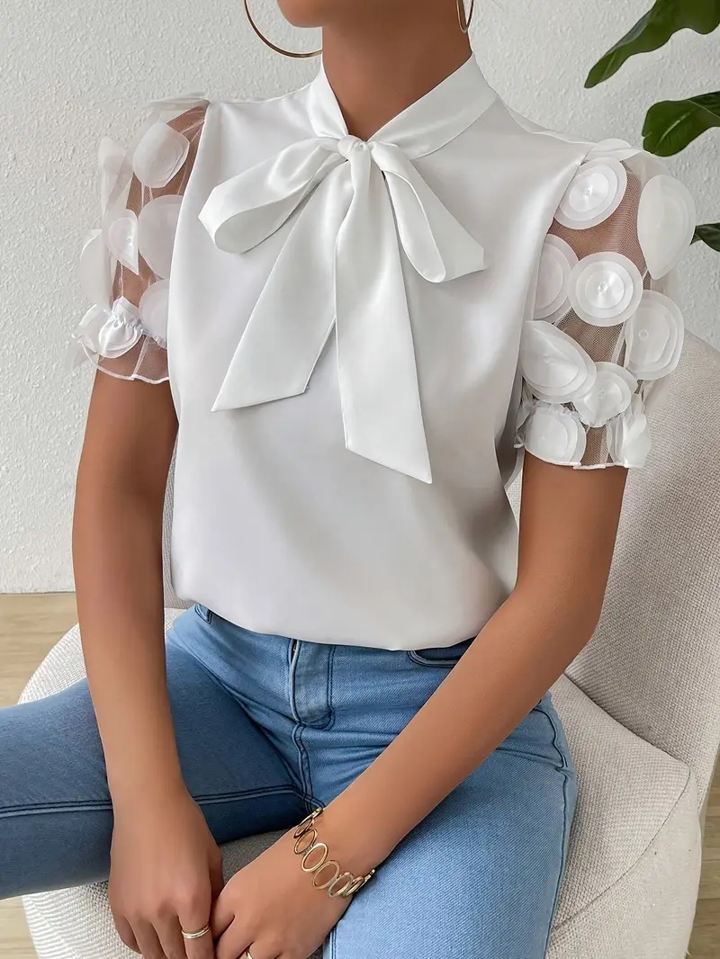 Chemisiers pour femmes à la mode col rond maille Patchwork chemisier à manches courtes avec cravate au cou manches courtes hauts T-shirts