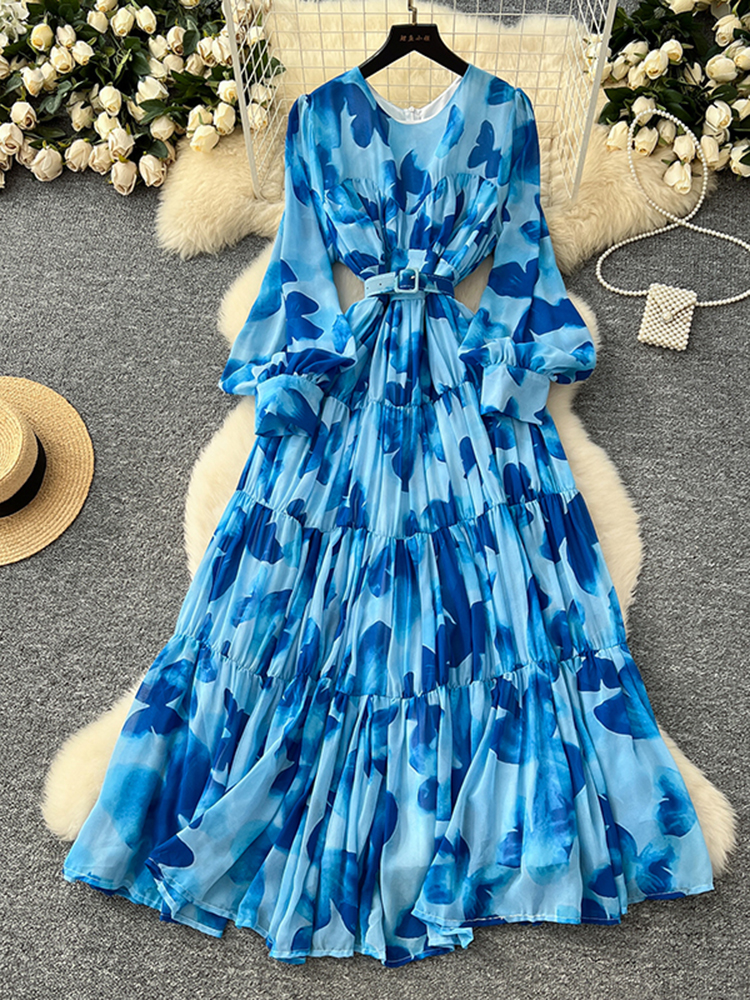 Robe longue imprimée à manches longues pour femmes, grande balançoire, mode française, Style plage, cintrée, col rond, Y01, printemps été