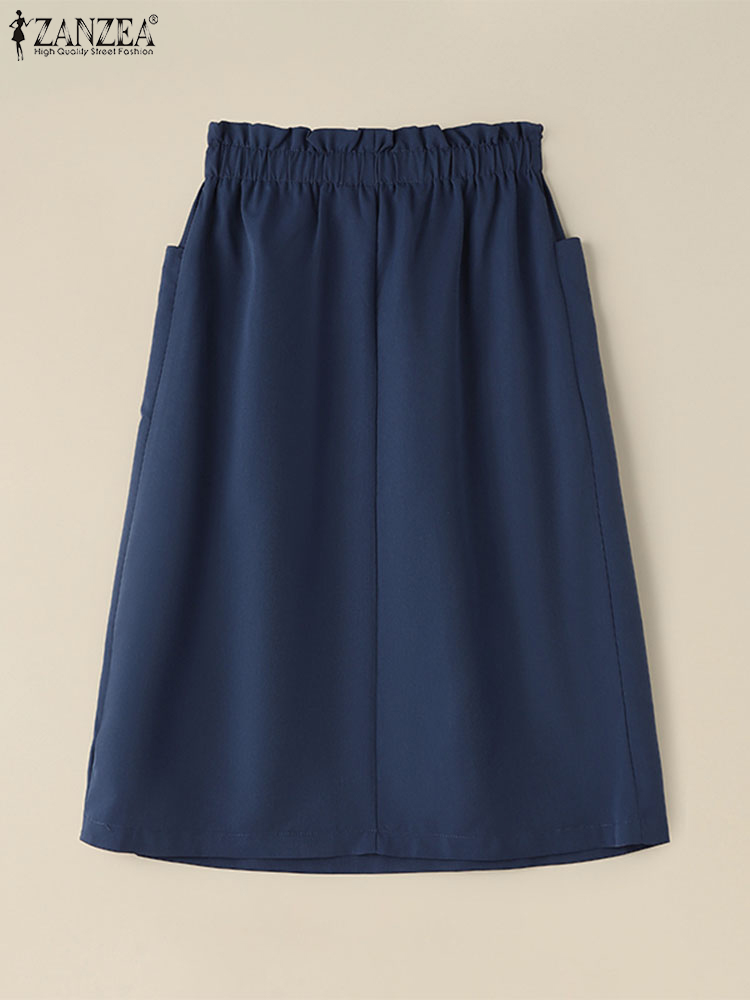 ZANZEA-Jupe trapèze longueur genou pour femme, élégante, couleur unie, décontractée, élastique, taille haute, 03/2024