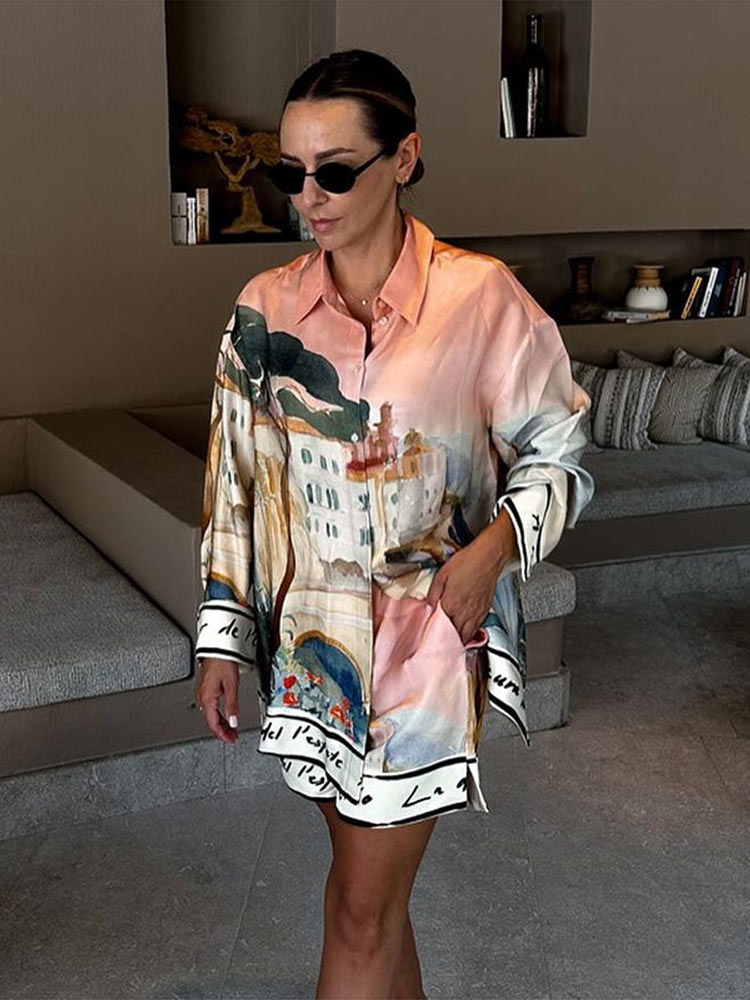 Costumes courts décontractés imprimés de fleurs pour femmes, manches longues, col rabattu, ensembles amples pour dames, mode printemps été 2025, ensemble 2 pièces