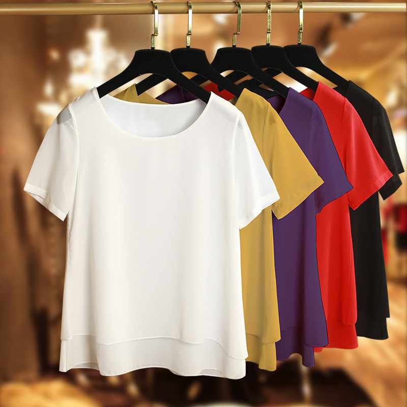 Blouses en mousseline de soie pour femmes, hauts à manches courtes et col rond, chemises de travail féminines, blouses à la mode pour femmes.