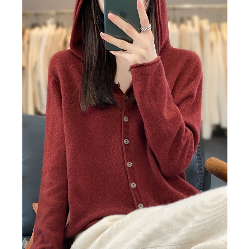 Cardigan à Capuche en Cachemire 100% Laine Mérinos pour Femme, Pull Solide, Tricot Chaud