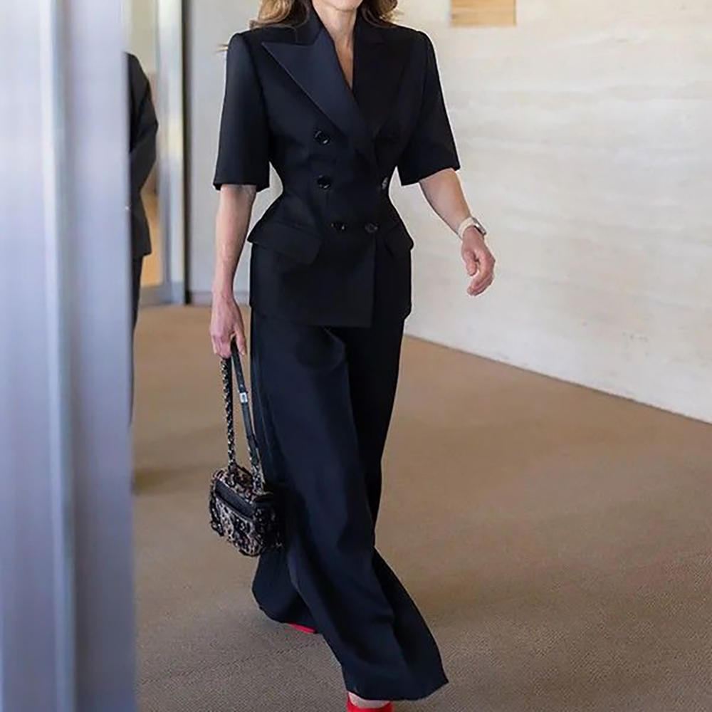 Costumes classiques pour femmes, ensemble 2 pièces veste et pantalon, demi-manches, large revers, Double boutonnage, Blazer, vêtements de bureau formels