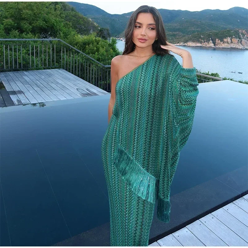 Robe longue tricotée à franges pour femmes, élégante, ample, col en v, manches longues, écharpe, Robes d'été, plage, vacances, nouvelle collection 2025
