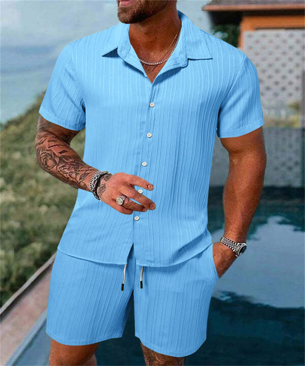 Nouvelle Collection 2024 : Ensemble de Plage Homme Tendance – Chemise Décontractée Manches Courtes Couleur Unie et Short Ample pour Sports de Plein Air