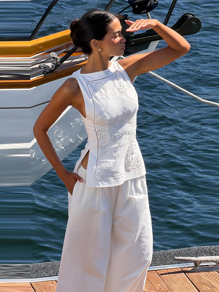 Débardeur brodé vintage pour femme, col rond, sans manches, à découpes, fente latérale, idéal pour l'été, les soirées, les clubs, le quotidien et le streetwear