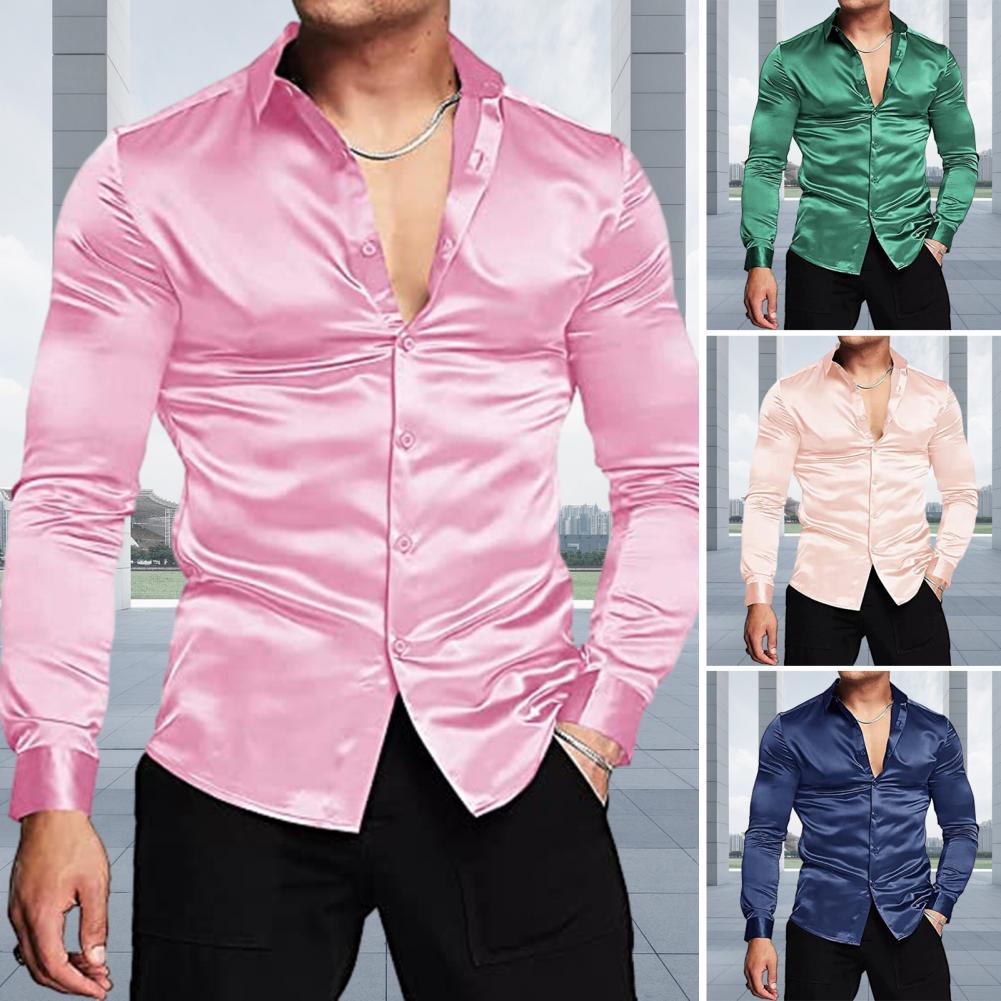 InjSatin-Chemise habillée de luxe pour hommes, rose, mince, manches longues, smoking, mariage, club, fête, danse, Rh, homme, nouveau, 2023