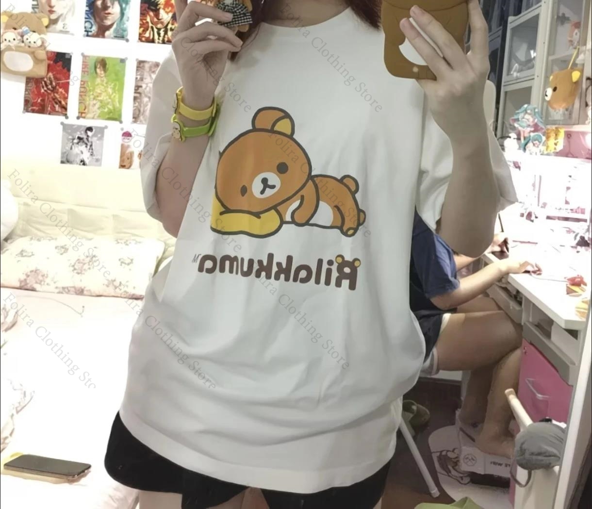 T-shirt Kawaii Rilakkuma en coton, t-shirt d'été confortable à manches courtes, t-shirt pour femmes, t-shirt quotidien pour filles, vêtements décontractés