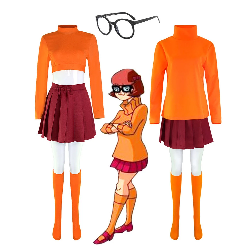 Costume de Cosplay Anime Velma, uniforme Orange de personnage de film, Costume d'halloween pour femmes et filles, tenues de jeu de rôle