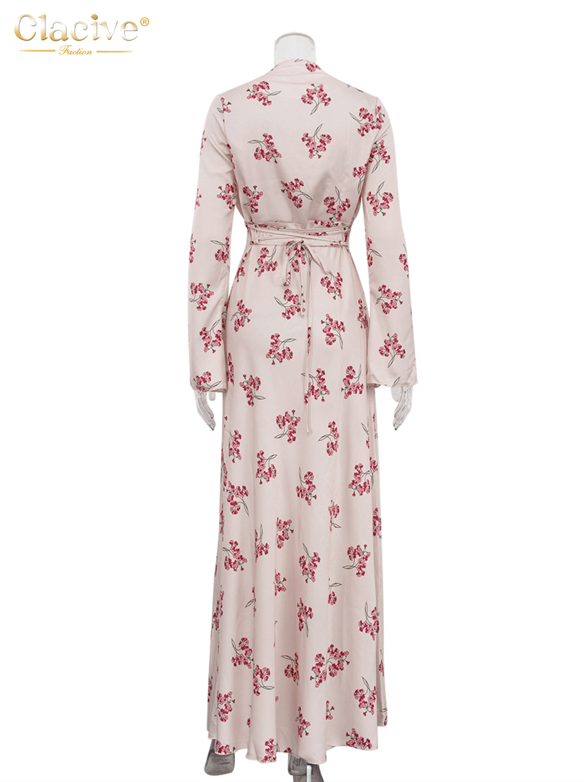 Clacive moulante imprimé robe pour femme 2025 mode col en v à manches longues robes Maxi élégant classique taille haute robe féminine