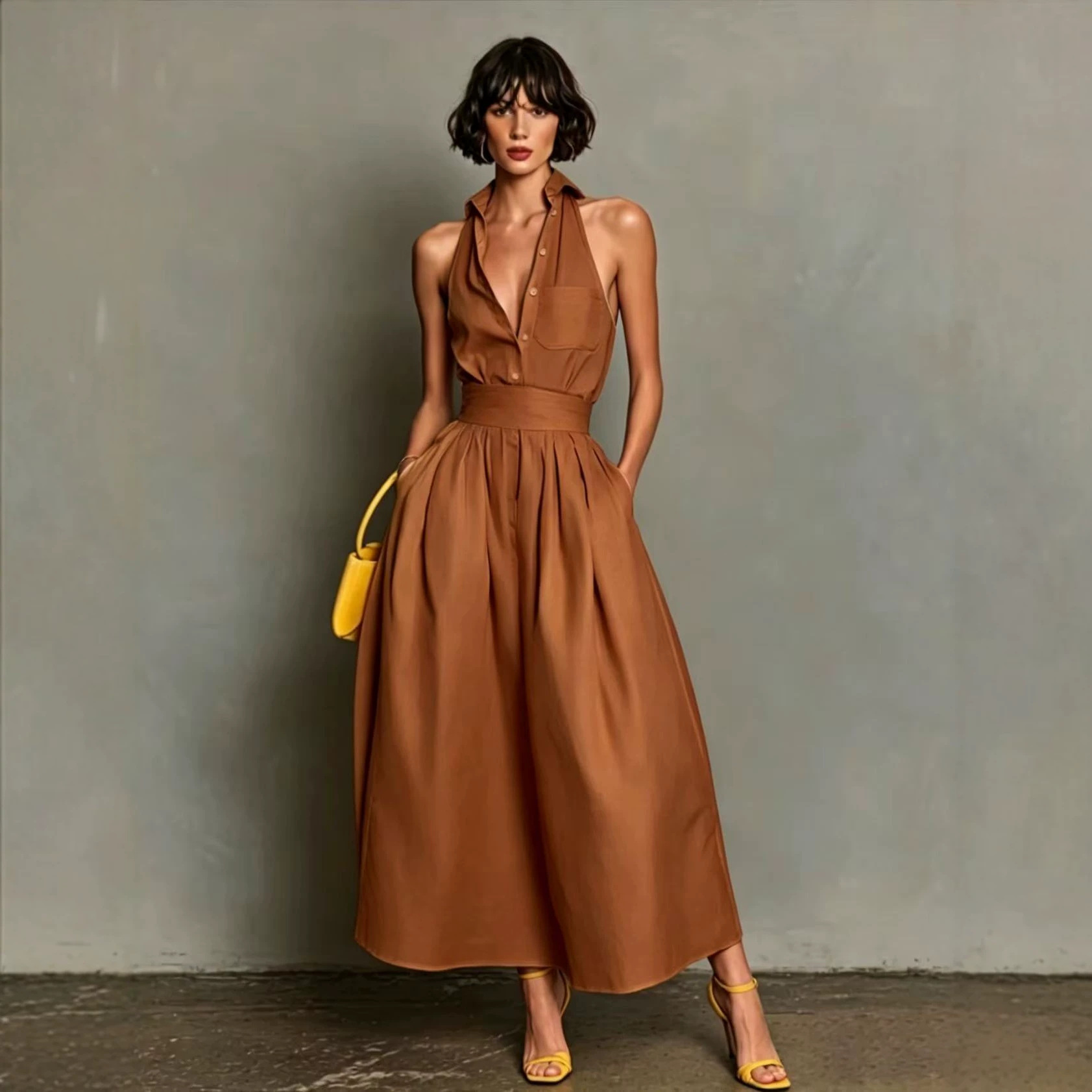 Robe chemise sans manches pour femme, couleur unie, boutonnée, mini, sexy, printemps-été