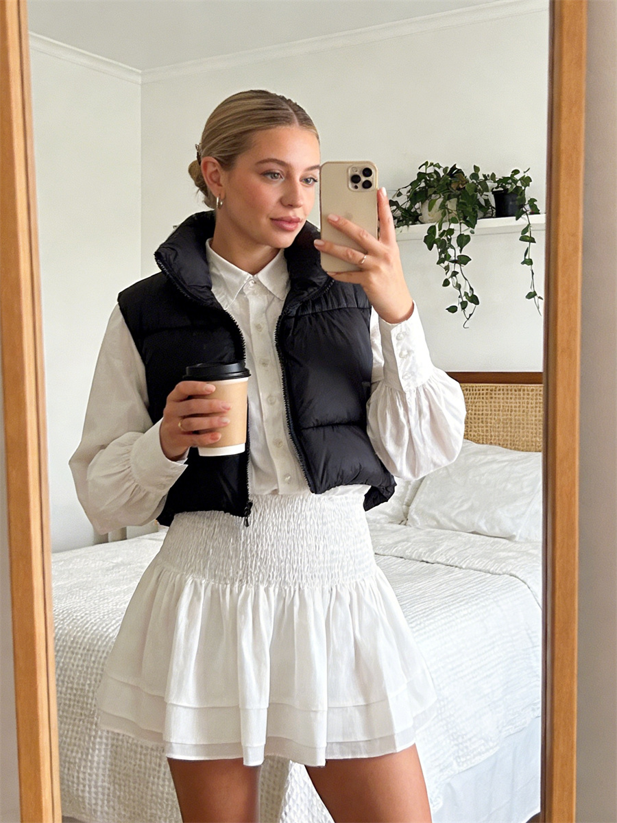 Gilet court chaud pour femme, col montant, sans manches, léger, vêtements d'extérieur à la mode, automne et hiver