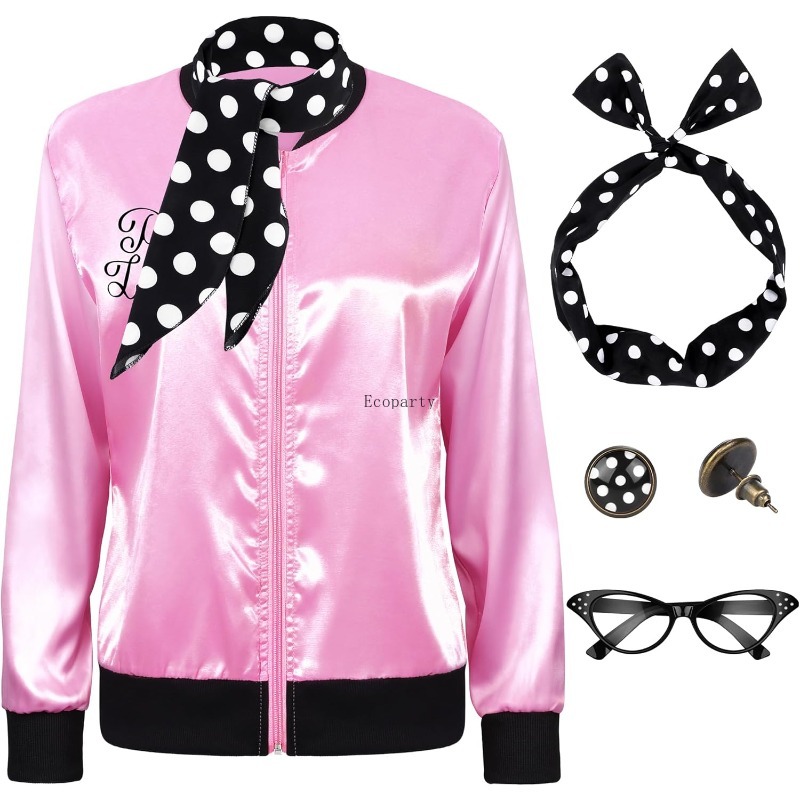 Ensemble de déguisement pour femme des années 1950, 5 pièces, veste en satin rose avec écharpe à pois, bandeau, boucles d'oreilles, lunettes, costume de fête d'Halloween