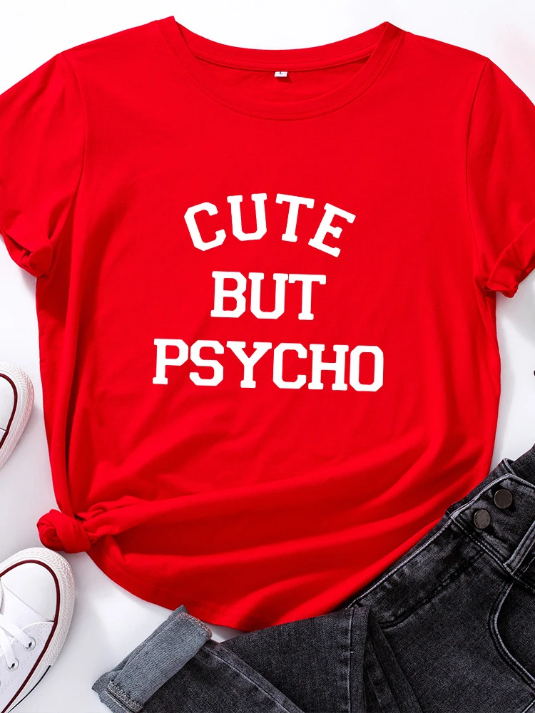 Mignon mais Psycho lettre imprimer femmes t-shirt à manches courtes col rond lâche femmes t-shirt dames t-shirt hauts vêtements Camisetas Mujer