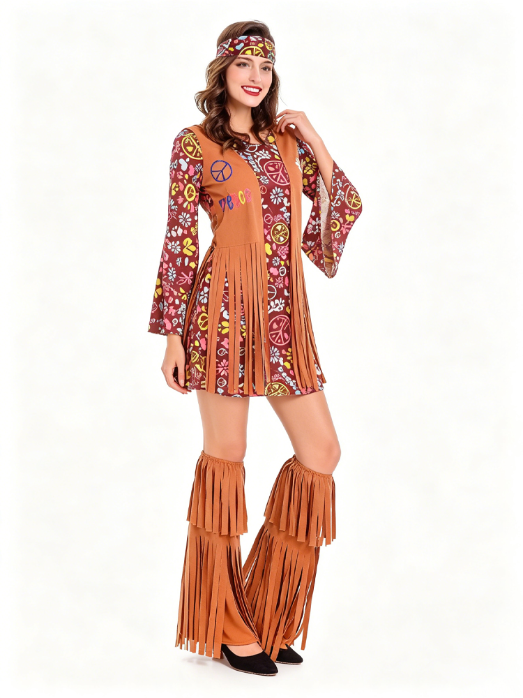 Ensemble de tenue hippie rétro pour femmes, robe à manches évasées imprimée, tenue de fête pour Halloween, carnaval et festival de musique, ensemble de 4 pièces