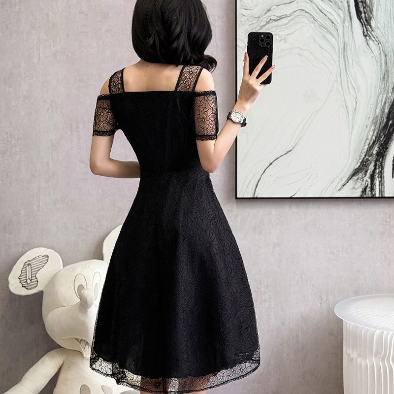 Robe d'été en mousseline pour femme, style coréen, pour le bureau, collection 2026, élégante et décontractée, noire, à épaules dénudées