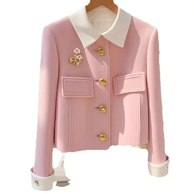 Manteau en laine rembourré rose à simple boutonnage pour femme, à la mode, Unique et il semble bon, automne 2024