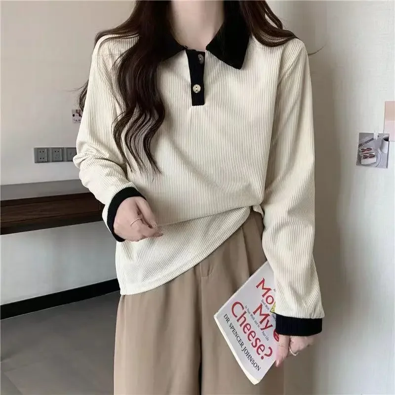 Économie à manches longues pour femmes, col rabattu, pulls basiques, t-shirts de style preppy doux, mode coréenne décontractée, automne
