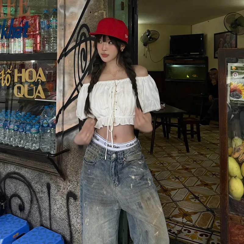 Crop top blanc pour femme - Manches bouffantes à volants - Taille élastique