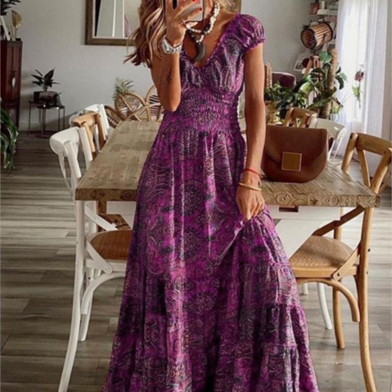 Robe d'été imprimée de Style ethnique pour femmes, manches courtes, taille, à la mode, manches pétales florales, grand ourlet, robe trapèze