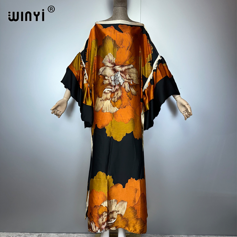 WINYI Robe de soirée d'été à manches bouffantes, Abaya de luxe de Dubaï, Kaftan ample imprimé pour femme, Vêtement musulman, Robe de plage
