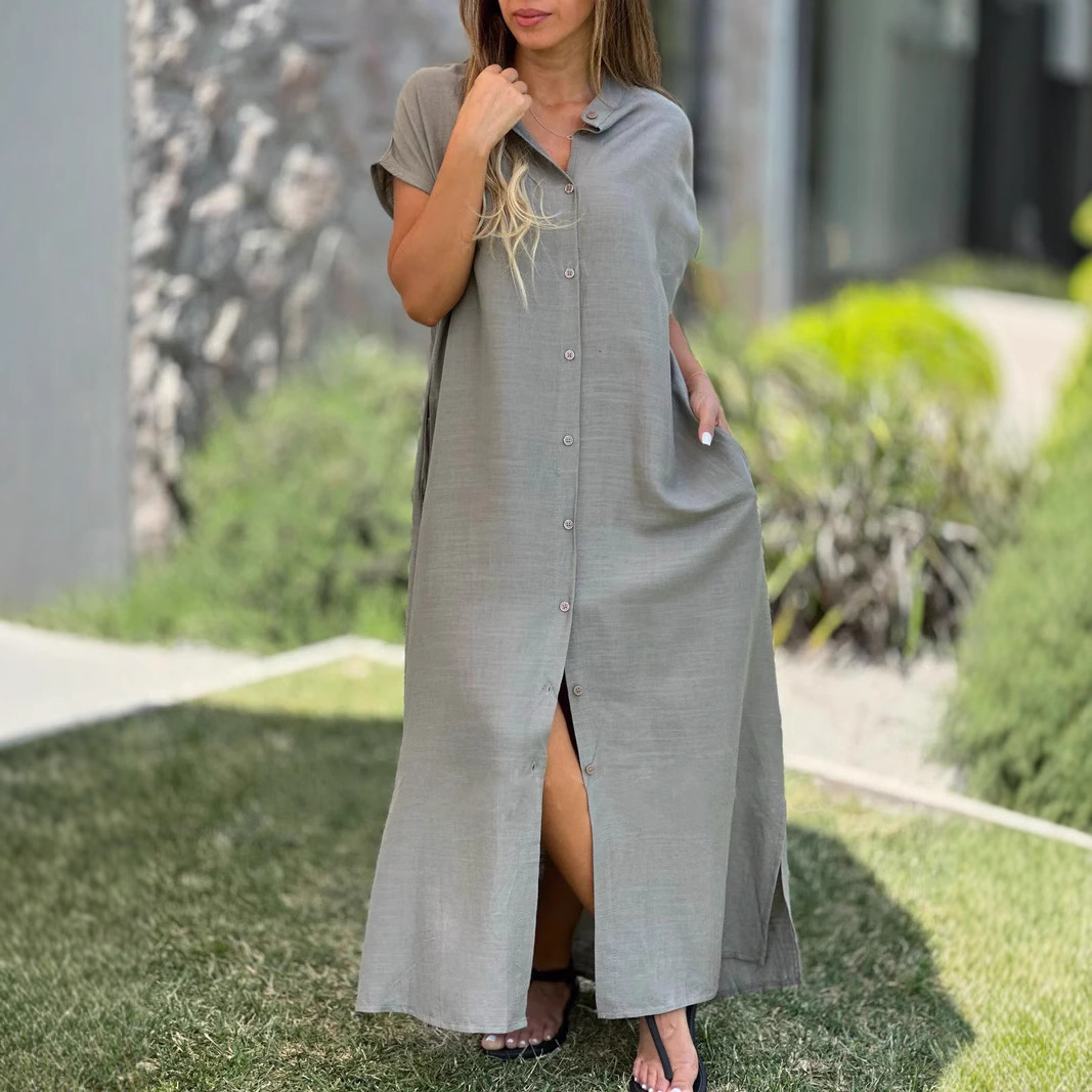 Robe chemise maxi décontractée pour femmes, mode été 2025, manches courtes, ample, couleur unie, col montant, longue robe de plage élégante