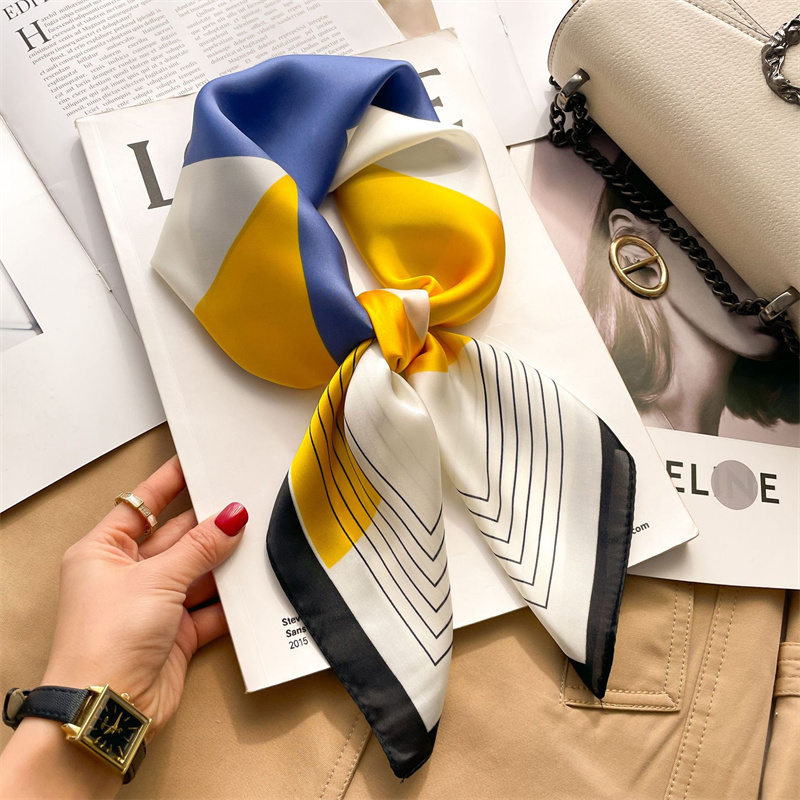 Foulard carré en soie imprimé à carreaux pour femmes, mode luxe, Hijab, bandeau pour cheveux, foulard, châle en Satin, ruban, bandeau Bandana