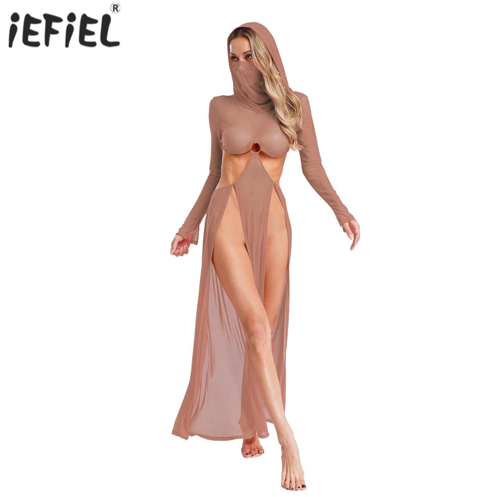 Robe transparente pour femmes, Maxi, fente haute, masque facial à capuche, manches longues, ajourée, Cover-Up pour les maillots de bain, robe en maille Sexy