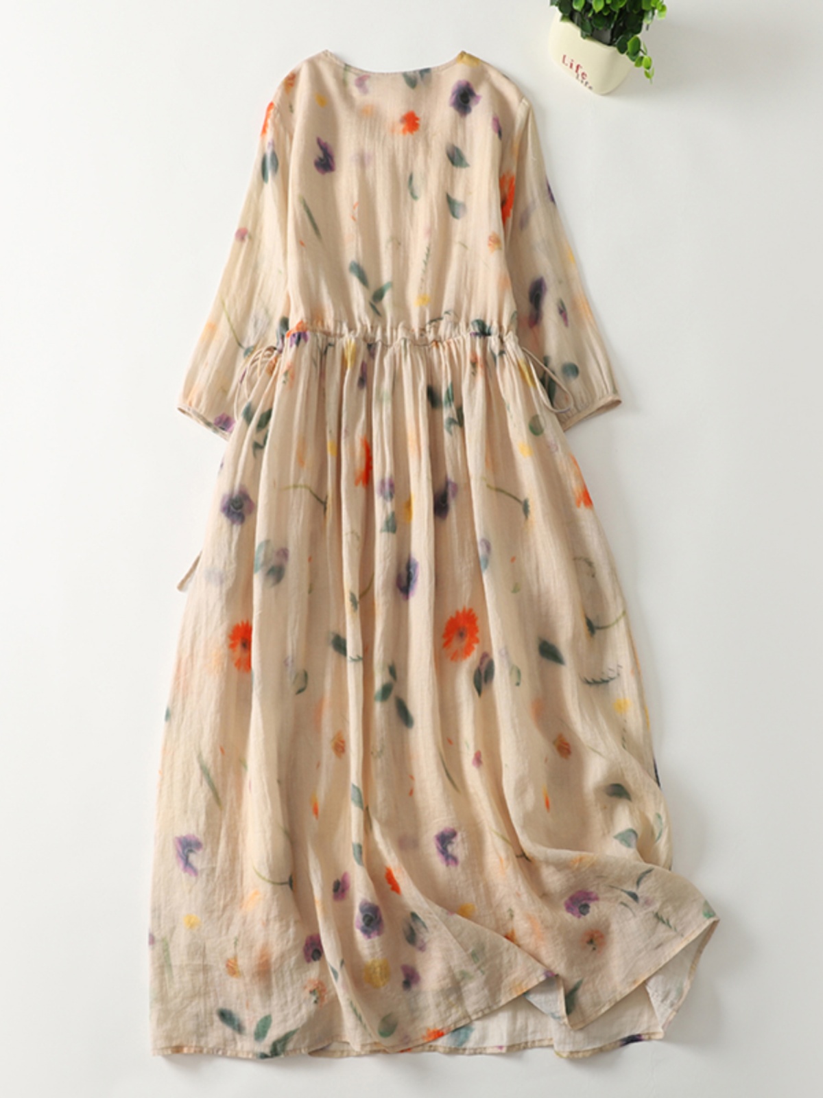 Robe en lin pour femmes, Style frais, imprimé floral, taille élastique, demi-manches, col en v, plage, vacances, ligne a, frocs Vintage