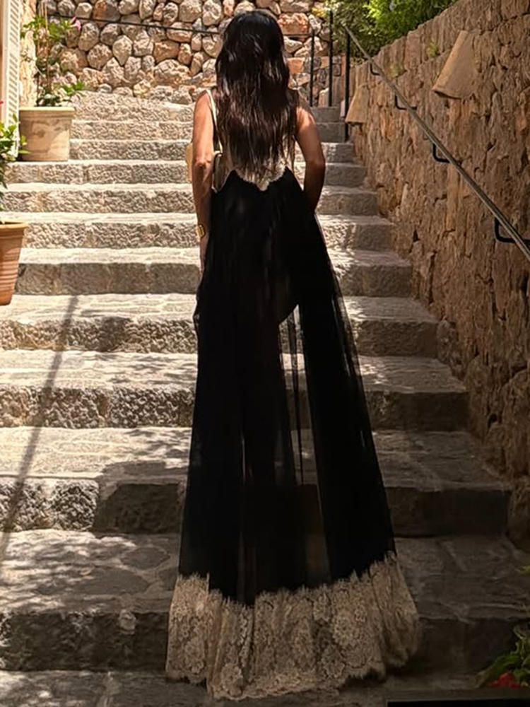 Nibber Dos Nu Robe Femmes Sexy Jacquard Patchwork Mode Voir À Travers Col Bas Sans Manches Tendance Fête De Vacances Longue Bodyocn