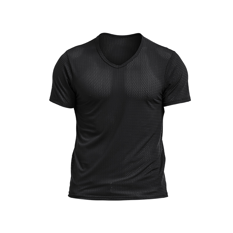 T-shirt en maille de soie glacée pour hommes, maille respirante avec tissu perforé, sport et fitness