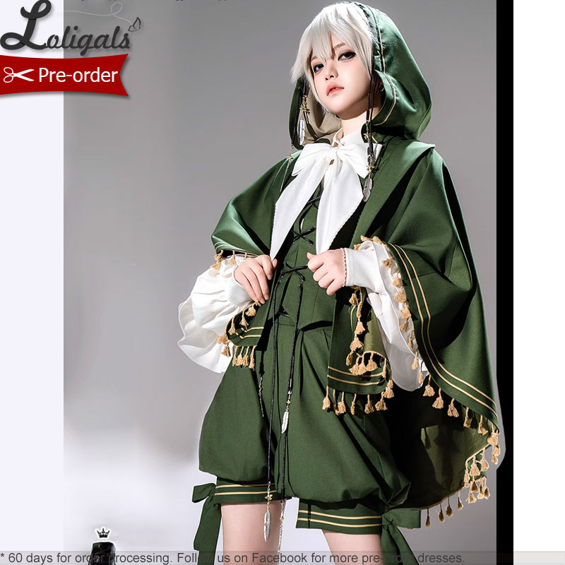 Ouji Lolita tenue rétro vigne vert longue oreille de lapin gilet à capuche/shorts bloomer Cosplay/ Cape à pompon par princesse chroniques