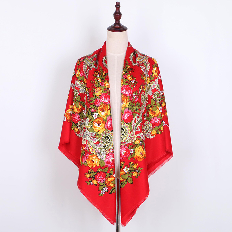 Écharpe carrée de grande taille pour femmes russes, Bandana de luxe à imprimé Floral, châle National rétro à pompon court