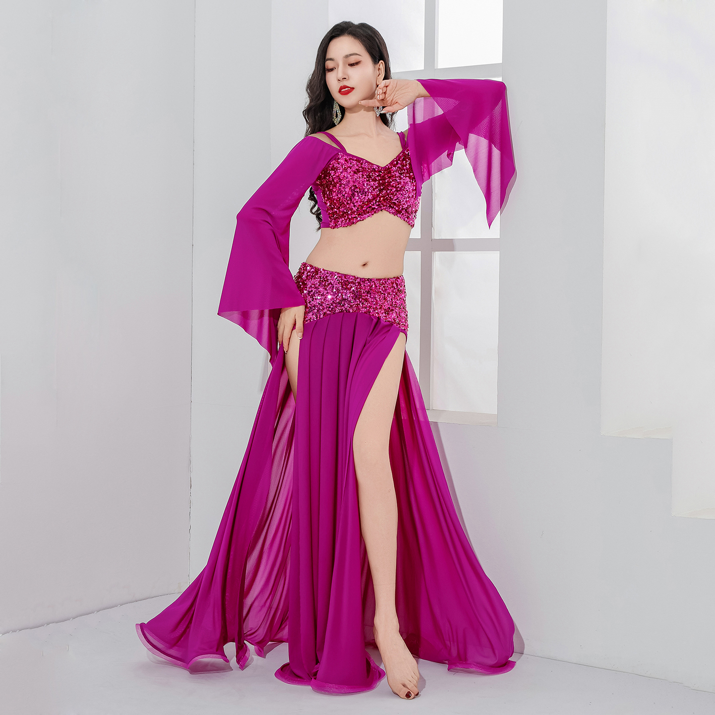 Tenue de danse du ventre élégante, Costume à paillettes Ablaze, jupe longue brillante, ensemble de 2 pièces de danse orientale, tenues de danse de groupe de classe pour filles