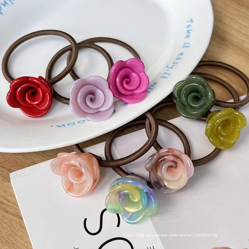 Anneau de cheveux de fleur de rose française, Corée du Sud, Corde de tête de queue de cheval haute attachée, Boule de tête de bourgeon de fleur, Corde de cheveux de tendon de feuille